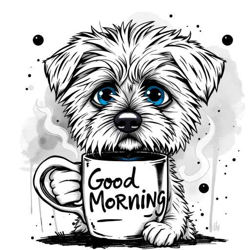 A quirky, artistic illustration of a disheveled peekapoo dog breed with exaggerated, large eyes and spiky fur, holding a coffee mug that reads "Good Morning". The dog has a tired but humorous expression, with ink splatters and abstract details surrounding it, giving a whimsical feel to the image. The color palette is mostly monochrome with hints of blue in the eyes and steam rising from the mug, enhancing the overall sleepy vibe