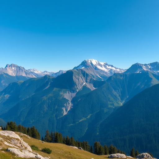 Create a high-resolution image of a mountain landscape using a DSLR camera with a 24mm lens, f/11 aperture, ISO 100, in landscape orientation, with natural lighting and a clear blue sky.
