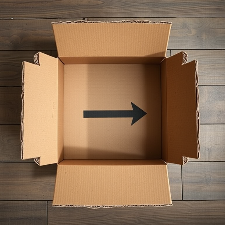Create a high-resolution image of an open box with an arrow pointing outward, captured with a DSLR camera at f/2.8 aperture, ISO 100, 50mm lens, top-down view, in soft natural light for enhanced clarity and detail.