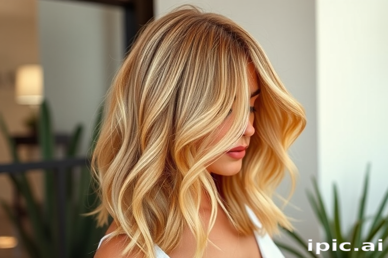 Chic honey blonde lob christened "Golden Hour" styled with beachy waves and sun-kissed balayage, exuding effortless elegance and warmth