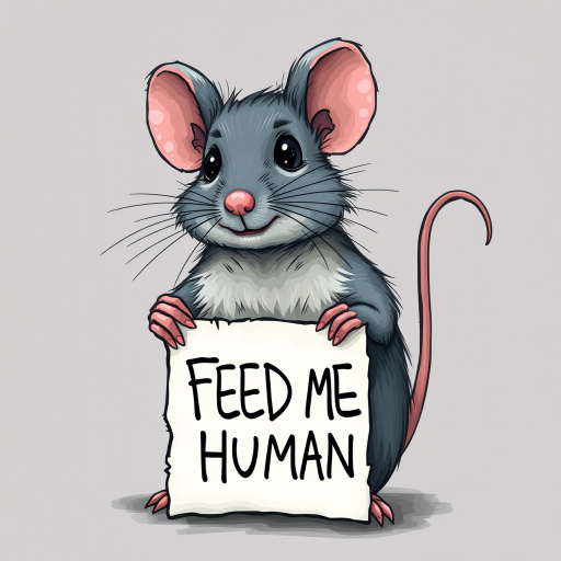 mouse holding a note which says "FEED ME HUMAN"