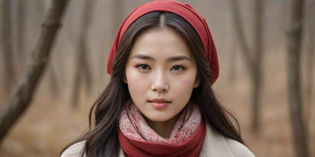 Create a portrait of a young Korean woman with long, dark hair and captivating hazel eyes. She is wearing a red headscarf and a matching scarf draped gracefully around her neck. The background is softly blurred, focusing attention on her serene and natural expression. The overall color palette is muted and warm, enhancing the intimate and authentic feel of the portrait.