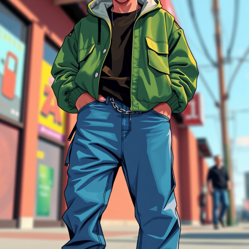 Create a digital illustration of a young man with an edgy style, wearing a green oversized jacket and blue baggy jeans, holding a chain in his pocket, captured from a low angle view with a shallow depth of field, using a DSLR camera with a 50mm lens at f/1.8 for a crisp background blur and vibrant colors.