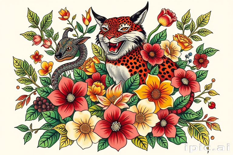 Neotraditional tattoo design known as "Floral Menagerie" combining bold outlines vibrant colors and stylized animals intertwined with lush flowers leaves and vines in a cohesive and eye-catching arrangement