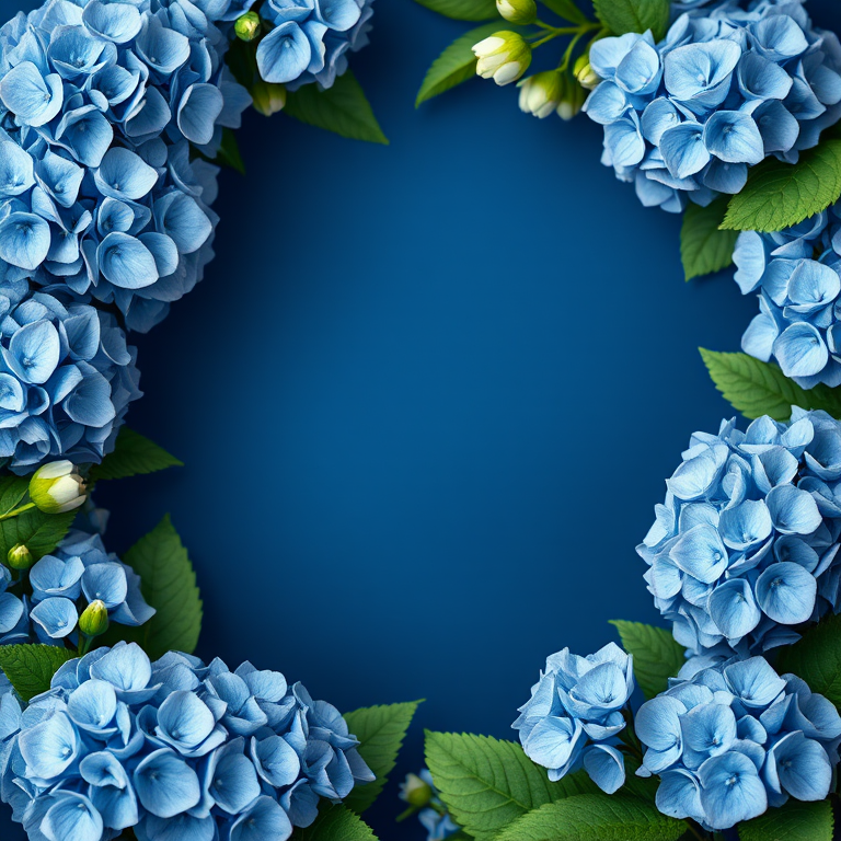 create a floral frame with blooming blue hydrangeas on a navy blue background, shallow depth of field, soft natural lighting, shot with a DSLR camera at f/2.8, 50mm lens, high resolution for enhanced image quality