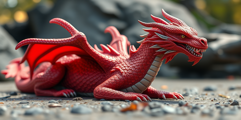 Create a highly detailed 3D rendering of a majestic red dragon resting on the ground, using a DSLR camera with a 50mm lens, aperture set to f/1.8 for a shallow depth of field, shot from a low angle to emphasize its size, using soft natural lighting for enhanced texture and color vibrancy.