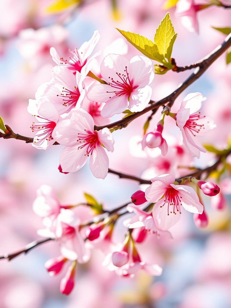 Regenerate a vibrant cherry blossom branch illustration with high detail and depth, captured with a DSLR camera at f/2.8 aperture, ISO 100, 50mm lens, in natural light, with a macro photography style for enhanced clarity and color richness.