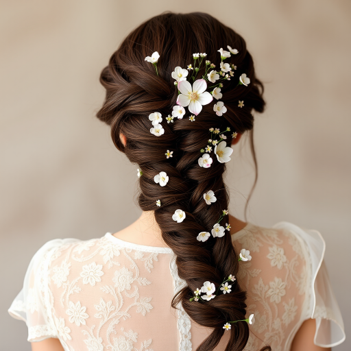 Romantic chocolate brown mermaid braid adorned with tiny flowers, cascading down the back for a whimsical and enchanting appearance