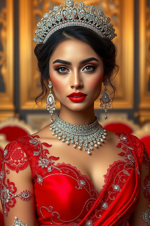 A gorgeous Nepali woman in a luxurious red gown, accessorized with a dazzling tiara and statement earrings, her deep cyan eyes highlighted by impeccable makeup, poised in a royal setting, photorealistic, 8K quality