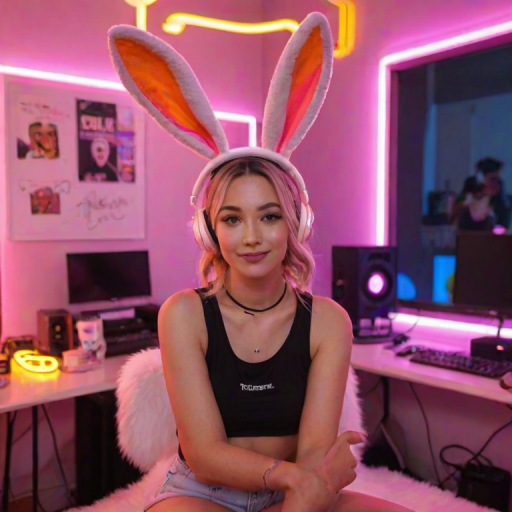 A twitch streamer woman talking to the camera on her streaming setup sitting in a cute neon lit pink streamer room and wearing bunny ears. The orange neon sign in the background reads "CelebTV