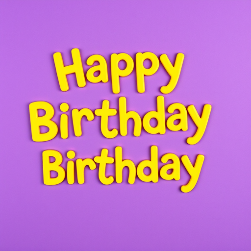 Create a vibrant birthday greeting graphic with the text "Happy Birthday" in bold, playful yellow font on a rich purple background, using a digital camera with a 50mm lens at f/2.8, ISO 100, 1/125 shutter speed, in a flat lay composition for optimal clarity and detail.