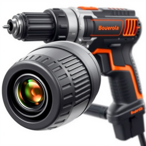 create a high-resolution illustration of a cordless power drill, front view, with a clean white background, using a digital camera with 50mm lens, f/2.8 aperture, ISO 100, and soft natural lighting to enhance details and colors
