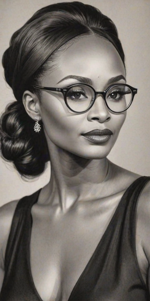Elegant Cynthia Bailey, pencil sketch, portrait of Alluring woman 1929s in glasses, hair style beatnik, outline, clear lines, fine lines, 8k