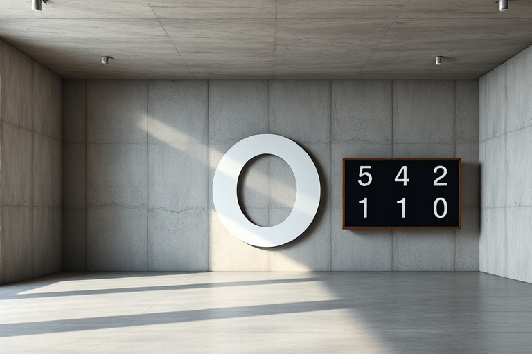 Create an image of a minimalist concrete room featuring a large white number zero on the wall, with a scoreboard displaying numbers 5, 4, 3, 2, 1, and 0 arranged neatly, captured with a 35mm lens, f/8 aperture, ISO 200, low-angle view, and natural lighting to enhance texture and detail.