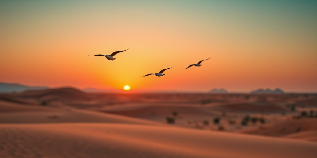 desert landscape at sunset with soft pastel colors, three birds in flight, shallow depth of field, Canon EOS 5D Mark IV, 50mm lens, aperture f/1.8, ISO 100, 1/200s, warm tones, serene atmosphere, high-resolution quality