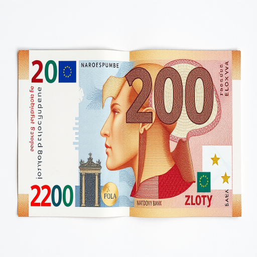 Regenerate a high-resolution image of a 200 Zloty banknote from Narodowy Bank Polski, with vibrant colors and clear details, using a DSLR camera set to ISO 100, aperture f/8, and shutter speed 1/125s, taken from a flat lay viewpoint with even lighting to enhance the texture and features of the banknote.