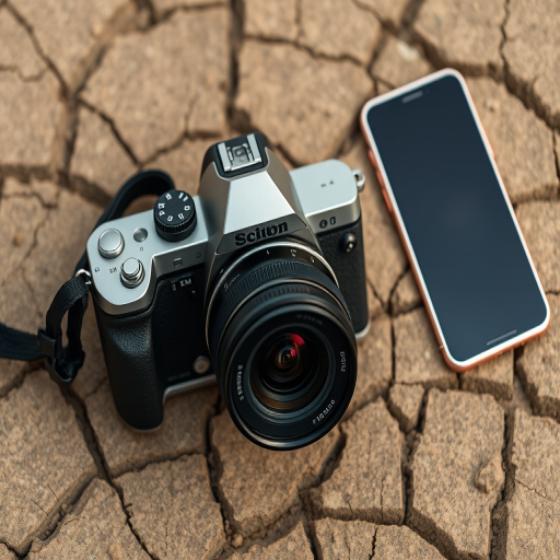 A DSLR camera with a 50mm lens placed on cracked dry soil next to a smartphone, shot from a top-down view with natural lighting, aperture set to f/4, shutter speed 1/250 sec, ISO 100 for high clarity and depth of field.