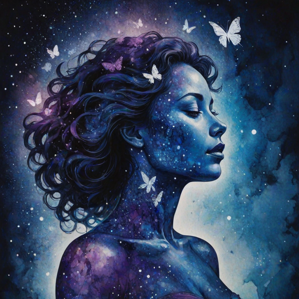 Captivating conceptual render alcohol ink art, double exposure, the paint strokes artfully merge combining a woman's full silhouette with a Beaming butterfly's silhouette. The figures are composed of a series of colored dots, lines & spots that evoke the image of a cosmic galaxy, colors are deep shades of blue purple & black with flashes of white & silver representing distant stars. The woman's silhouette is formed within the lion's silhouette from constellations of scattered stars, surreal