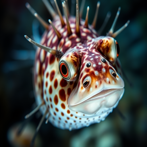 A close-up shot of a pufferfish underwater, showcasing its distinctive spines and vibrant eyes, with a shallow depth of field, natural lighting, using a DSLR camera with a 100mm macro lens, aperture f/2.8, ISO 200, and a shutter speed of 1/125s.