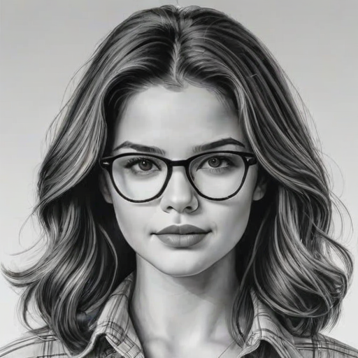 Exquisite Danielle Campbell, pencil sketch, portrait of Captivating woman 1977s in glasses, hair style beatnik, outline, clear lines, fine lines, 8k