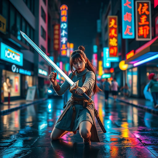 Create a vibrant street scene at night featuring a young female warrior wielding two glowing swords in a rain-soaked urban environment with colorful neon signs reflecting on the pavement, shot with a full-frame DSLR at f/2.8, ISO 400, 24mm lens, using a shallow depth of field to focus on the character while blurring the background slightly for dramatic effect.