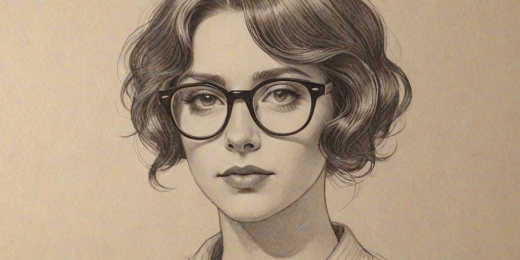Fetching Scarlett Estevez, pencil sketch, portrait of Fascinating woman 1923s in glasses, hair style beatnik, outline, clear lines, fine lines, 8k
