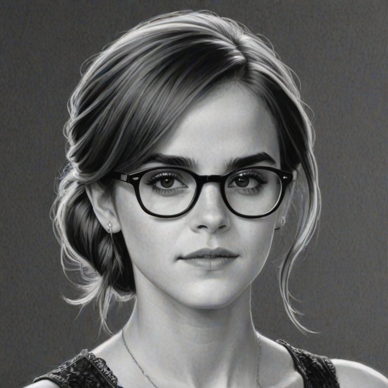 Splendid Emma Watson, pencil sketch, portrait of Alluring woman 1925s in glasses, hair style beatnik, outline, clear lines, fine lines, 8k