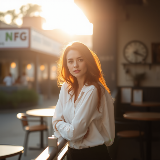 regenerate the image of a woman with red hair in a white shirt and black pants standing by a railing in a cafe, soft natural light, golden hour, shallow depth of field, DSLR camera, f/1.8 aperture, ISO 200, 50mm lens, soft bokeh background, slightly tilted view from eye level, warm tones