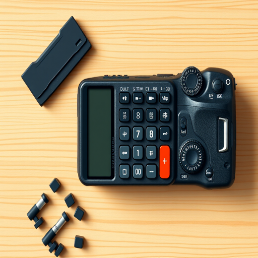 Create a high-resolution digital illustration of a calculator viewed from a top-down perspective, utilizing a Canon EOS R5 camera, aperture set to f/4 for a sharp focus, shutter speed of 1/200s to capture clear detail, and ISO 100 for optimal image quality, with vibrant colors and smooth shadows.