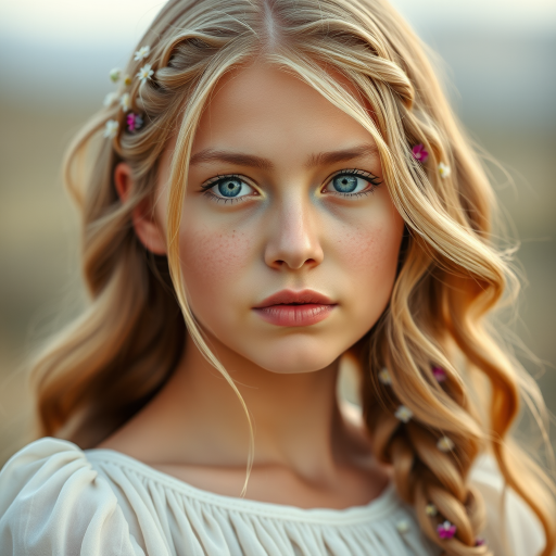 Create an image of a young Kyrgyz woman with long, wavy blonde hair, adorned with small, colorful flowers woven into her braids and loose strands. Her complexion is fair, with soft, glowing skin, and she has light blue eyes that gaze softly at the viewer. She wears a light, flowing dress with a gentle, ethereal quality, complementing her delicate and serene appearance. The background is slightly blurred, drawing focus to her tranquil expression and the intricate details of the flowers in her hair. The overall mood of the image is one of natural beauty and grace, evoking a sense of peacefulness and connection with nature.