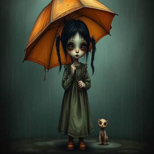 An eerie, weird little girl with dark hair in thin pigtails, wearing a smock dress, standing in the rain, holding a dirty orange umbrella, a small, odd creature beside her. In a surreal style inspired by Nicoletta Ceccoli and Brian Froud. Dark fantasy themes