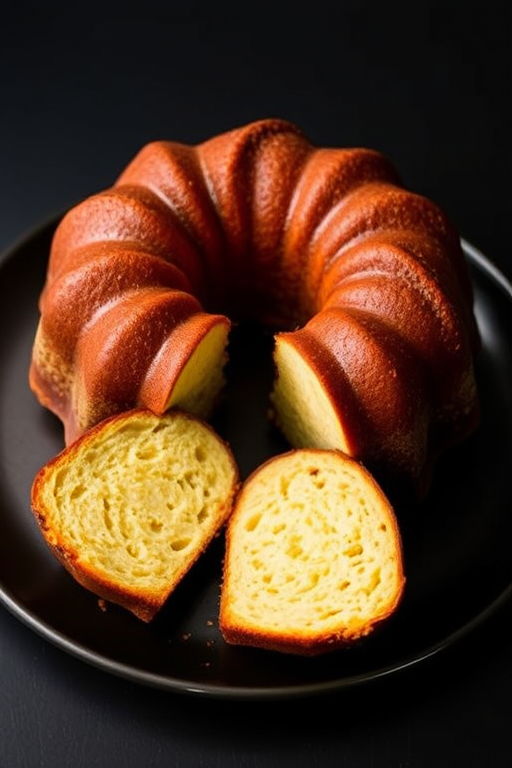 A beautifully baked bundt cake on a black plate with two slices cut out showcasing its moist texture and golden crust, set against a dark background.