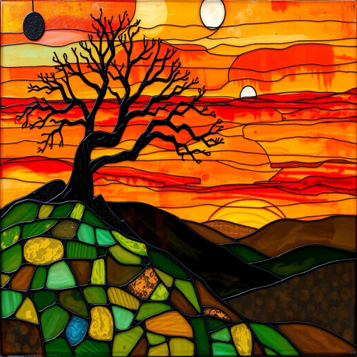 A vibrant abstract painting on Tiffany Glass, blending acrylic and alcohol ink techniques, captures a dramatic sunset over rolling hills. The artwork features a textured, rocky foreground in green and brown, layered abstract hills, and a striking sunset in rich oranges, yellows, and reds. A solitary black tree with intricate branches contrasts against the fiery sky, creating a dynamic and expressive portrayal of a breathtaking natural scene.