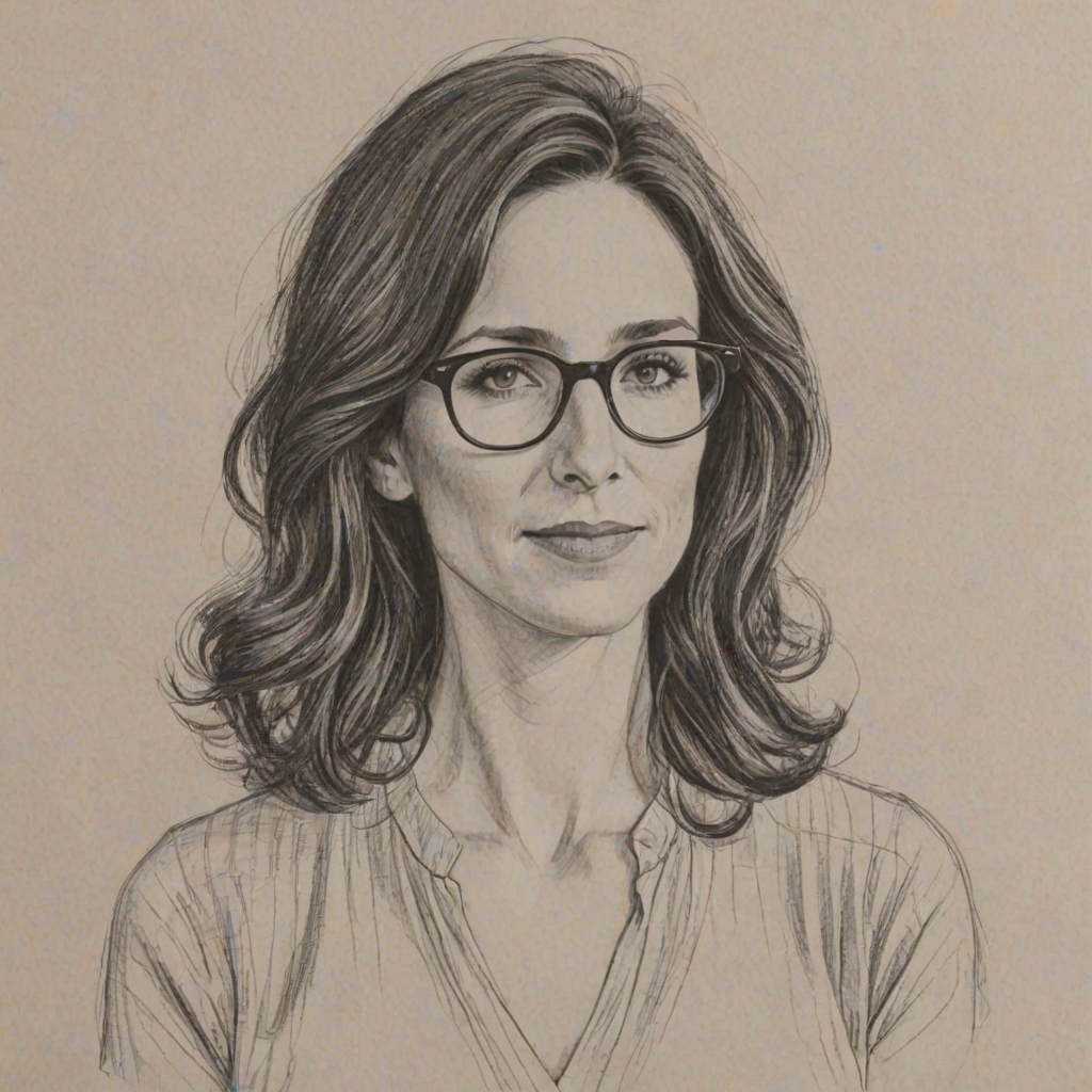Radiant Michaela Watkins, pencil sketch, portrait of Pleasing woman 1966s in glasses, hair style beatnik, outline, clear lines, fine lines, 8k