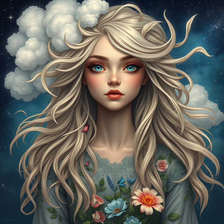 Create a series of imaginative portraits where each subject is infused with elements of fantasy and nature. The hair of the individuals should flow like clouds, varying from soft, fluffy cumulus to wispy cirrus strands, with hints of color reflecting a sunset or a clear blue sky. The eyes should be windows to entire galaxies, with stars, nebulae, and distant planets visible within them. Clothing should be adorned with nature motifs, such as floral patterns that bloom and change, vines that seem to grow and wrap around, or feathers that shimmer with iridescence. Each portrait should capture a unique personality, blending human features with the ethereal beauty of the natural and cosmic world. The backgrounds can vary, from starry night skies to enchanted forests, adding depth and context to the magical realism of the portraits