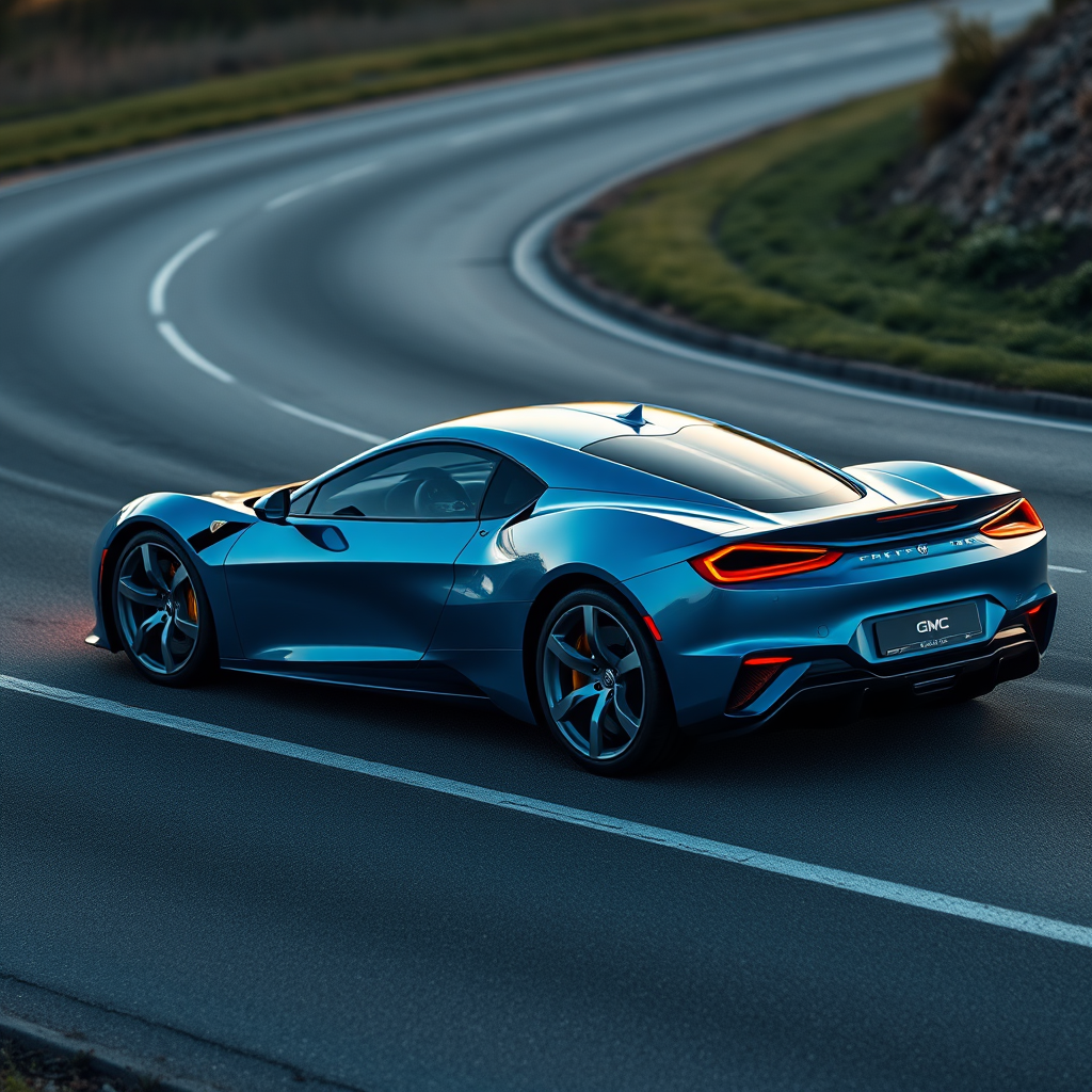 Generate an image of a luxury sports car parked on the side of a road during what appears to be dawn or dusk, given the soft light and shadows. The car should have a sleek design with aerodynamic features, a low-profile stance, and large, alloy wheels. It should display a contemporary color scheme, possibly a unique shade of blue that matches well with the ambient light in the setting. The vehicle's bodywork should gleam, reflecting the surrounding environment, and it should have distinctive lighting accents that enhance its sporty appearance. In the background, there should be a roadside with a grassy embankment on one side and possibly some trees or shrubbery along the edge of the pavement. The overall mood of the image should convey a sense of luxury, speed, and the tranquility of an early morning or late evening drive.