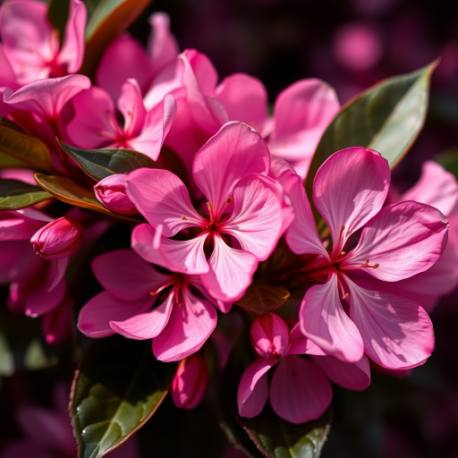 high-resolution close-up of pink blossoms with dark green leaves, soft natural lighting, aperture f/2.8, shutter speed 1/200 sec, ISO 100, macro lens, Canon EOS 5D Mark IV, focus on flower details