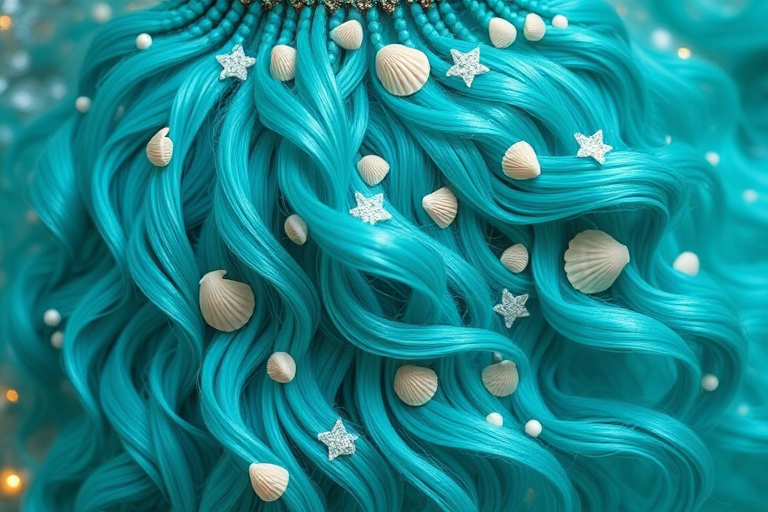 Vibrant teal mermaid waves cascade down to the waist, shimmering with iridescent highlights and adorned with delicate seashell accessories, creating an enchanting oceanic allure named Aquamarine Siren