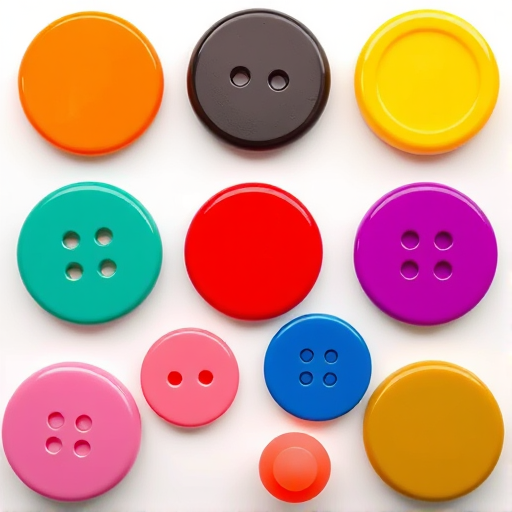 Create a high-resolution image of a grid of glossy, round buttons in various colors (orange, black, red, blue, green, yellow, pink, blue, purple, magenta, and olive) with a white background, using a DSLR camera with a 50mm lens, f/2.8 aperture, ISO 100, and a top-down view to enhance the clarity and vibrancy of the colors.