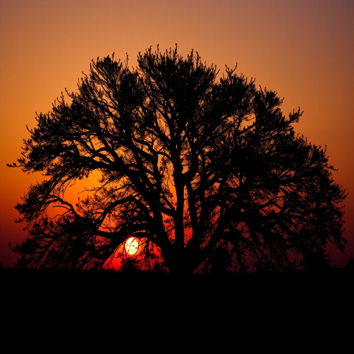Generate a high-resolution image of a dark silhouette of a tree against a sunset background, using a DSLR camera with an aperture of f/11, a shutter speed of 1/125s, ISO 100, 50mm lens, and a landscape orientation.