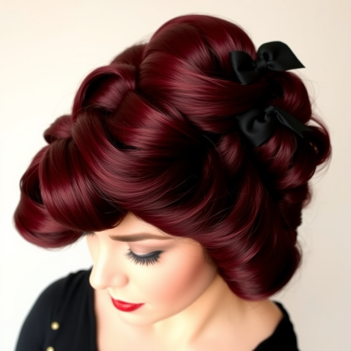 Lush burgundy locks styled in vintage pin-up victory rolls with black ribbon accents, exuding timeless glamour and sophistication named Velvet Vixen