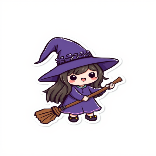 create a kawaii Witch, please! sticker, 3d digital art, grey background, sticker line weight