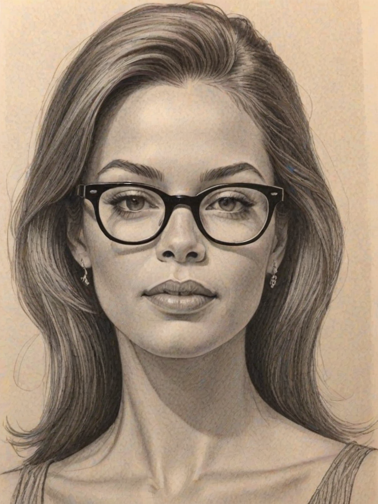 Graceful Heather Hemmens, pencil sketch, portrait of Bewitching woman 1963s in glasses, hair style beatnik, outline, clear lines, fine lines, 8k