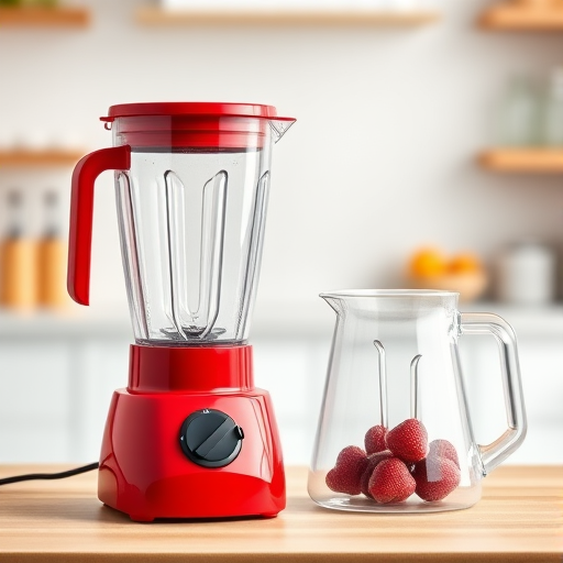 Create a high-quality vector image of a red blender with a clear pitcher, using a DSLR camera with a 50mm lens, f/2.8 aperture, ISO 100, with a soft-focus background and bright lighting for enhanced clarity and detail.