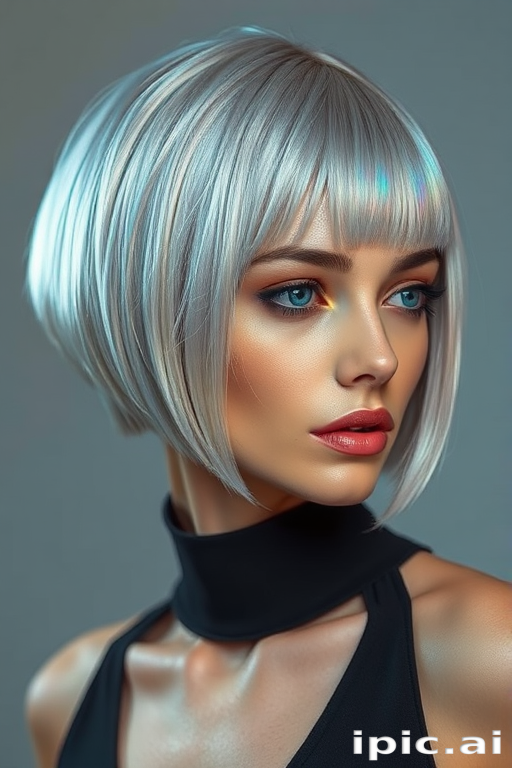 Futuristic shot of a model with Holographic Chrome hair, a silvery base that shifts colors in the light, styled in a sleek, geometric bob