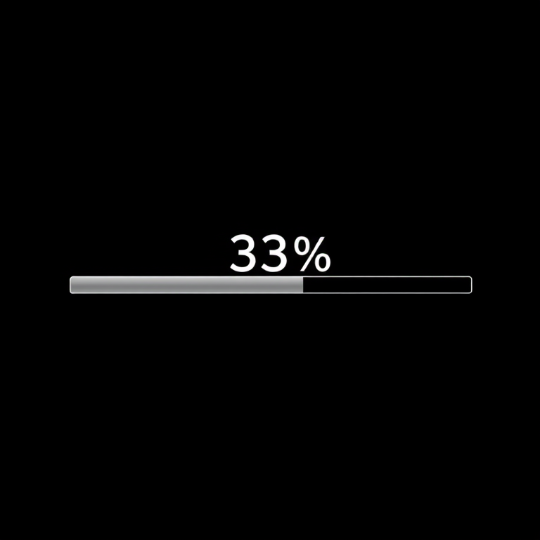 Create an image of a sleek progress bar at 33% filled, centered on a black background, using a Canon EOS R5 camera, 50mm lens, f/1.8 aperture, ISO 100, with a focus on high contrast and sharp details in a minimalist style.