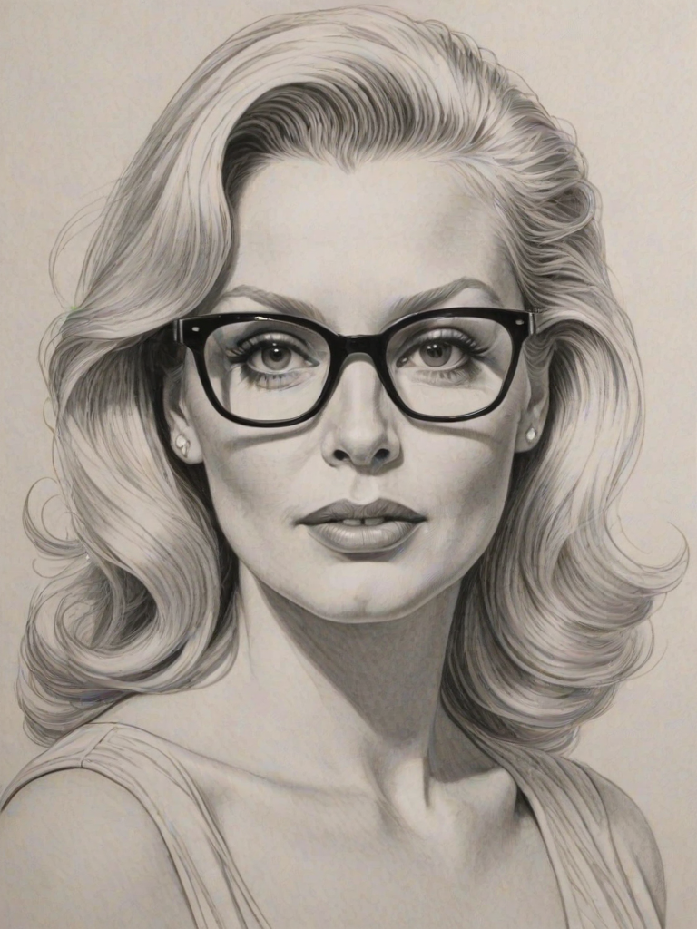 Dazzling Cathy Moriarty, pencil sketch, portrait of Beauteous woman 1963s in glasses, hair style beatnik, outline, clear lines, fine lines, 8k