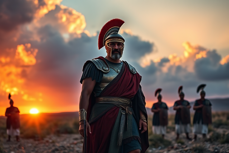 Create an image of a Roman general standing fiercely on a battlefield at sunset, with clouds dramatically lit by the sun, five soldiers in the background, using a DSLR camera with a 50mm lens, f/2.8 aperture, ISO 100, and a panoramic view.