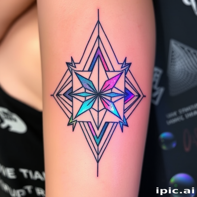 Holographic foil tattoo named "Prismatic Shift" designed to mimic the iridescent properties of holographic materials, featuring geometric shapes and abstract patterns that appear to change color and dimension as the viewing angle shifts