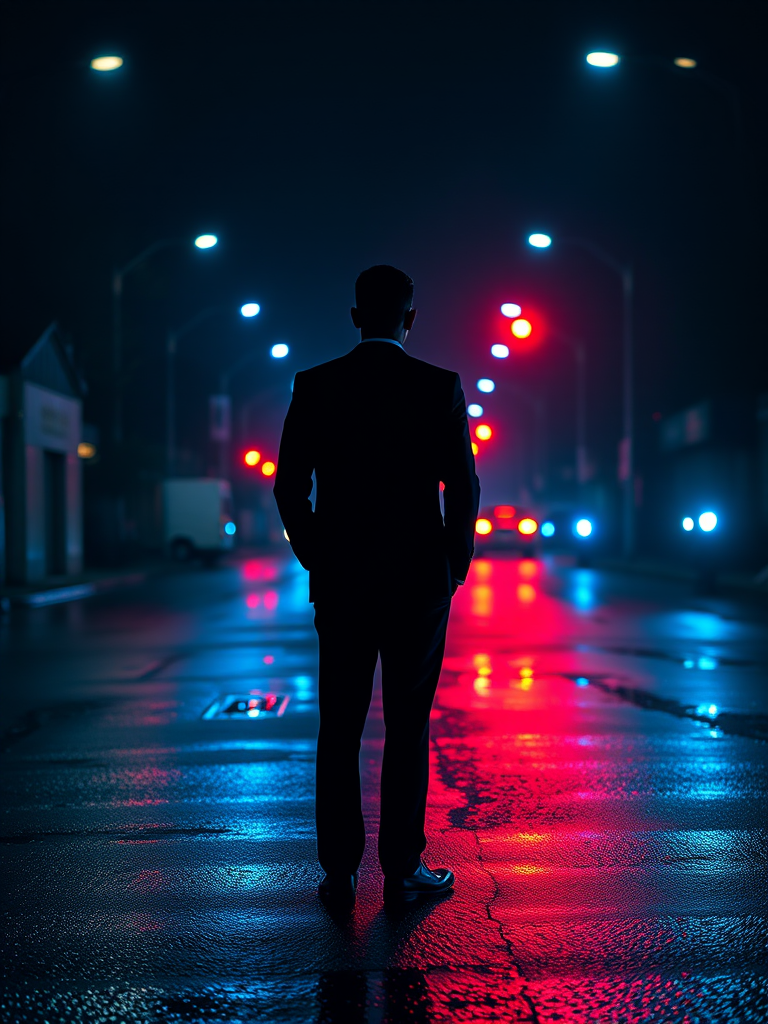 Create a dramatic nighttime scene featuring a silhouette of a person in a suit standing on a wet, reflective street surrounded by blue and red police lights, using a Canon EOS R5 with a 50mm lens, aperture set to f/1.8, ISO 200, and a shutter speed of 1/60s to enhance depth of field and capture vivid colors.